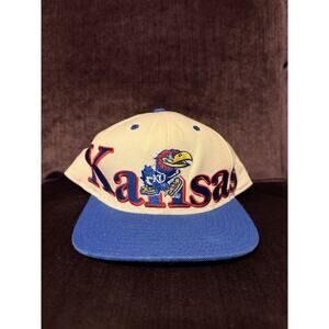VTG Adidas Kansas Jayhawks Big Logo Spell Snapback Hat 20% Wool Cream/ Blue